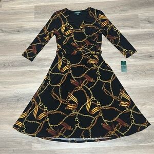 Lauren Ralph Lauren 4 Dress Black Gold Faux Wrap Equestrian Horse Bit LS NWT